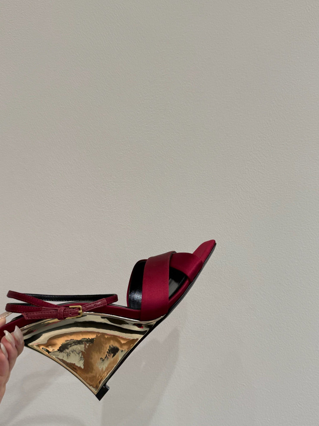 YSL STRAPPY WEDGE SANDALS 25S IN DARK RED SATIN