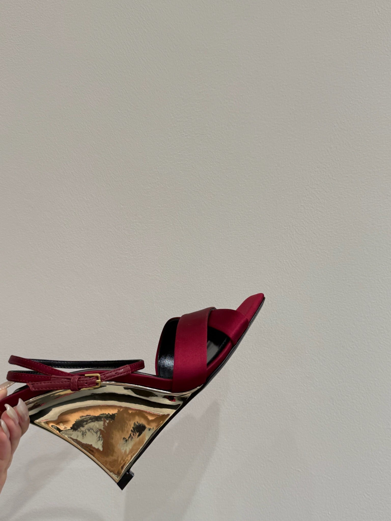 YSL STRAPPY WEDGE SANDALS 25S IN DARK RED SATIN