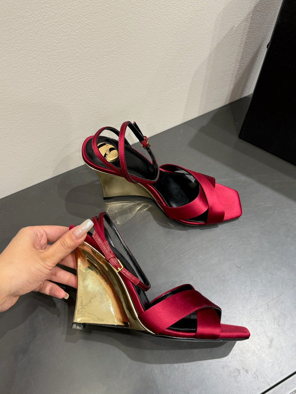 YSL STRAPPY WEDGE SANDALS 25S IN DARK RED SATIN