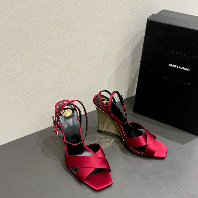 YSL STRAPPY WEDGE SANDALS 25S IN DARK RED SATIN