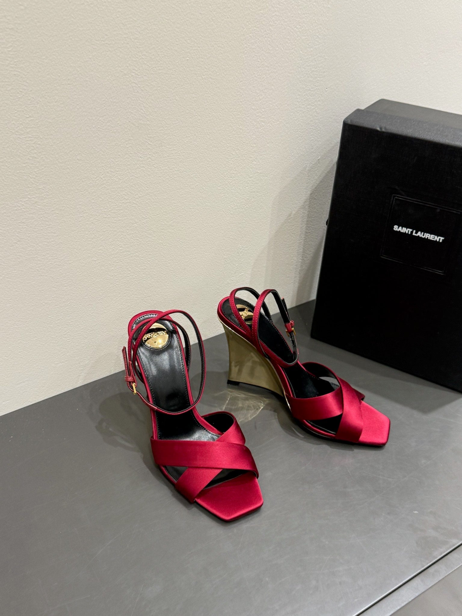 YSL STRAPPY WEDGE SANDALS 25S IN DARK RED SATIN