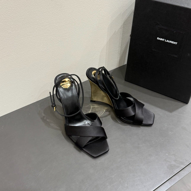 YSL STRAPPY WEDGE SANDALS 25S IN BLACK SATIN