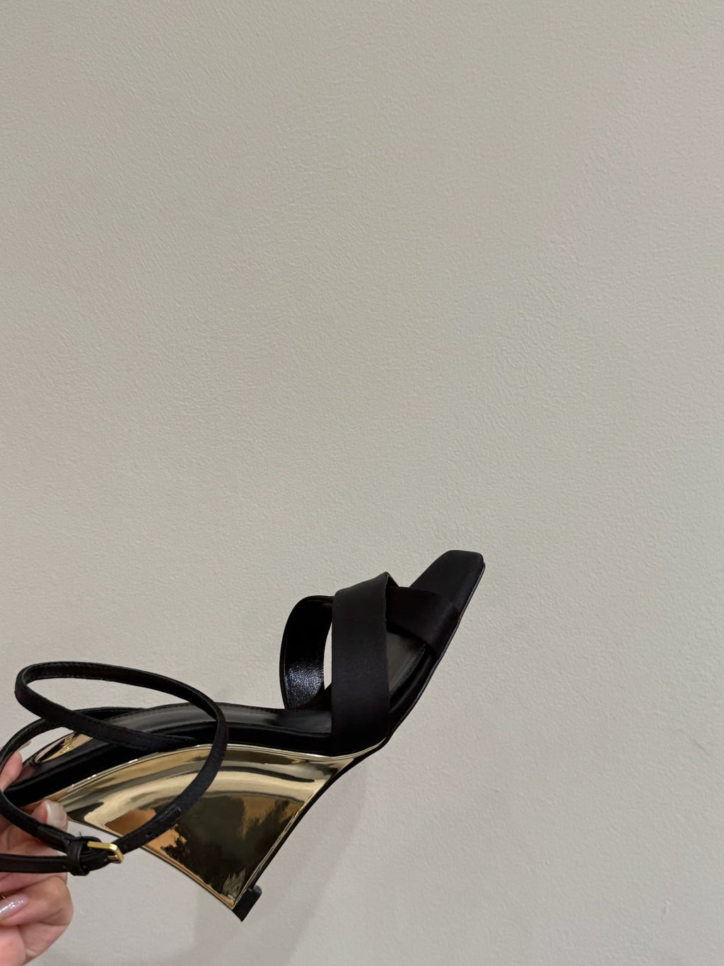 YSL STRAPPY WEDGE SANDALS 25S IN BLACK SATIN