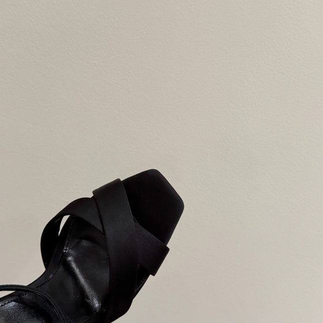 YSL STRAPPY WEDGE SANDALS 25S IN BLACK SATIN