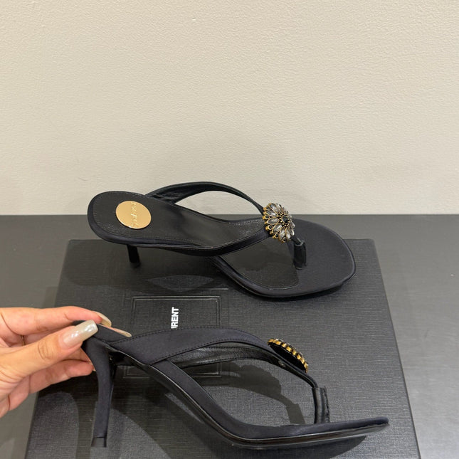 YSL HEELED THONG SANDALS 25S IN BLACK SATIN WITH CRYSTAL