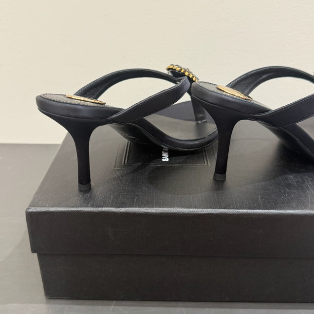 YSL HEELED THONG SANDALS 25S IN BLACK SATIN WITH CRYSTAL