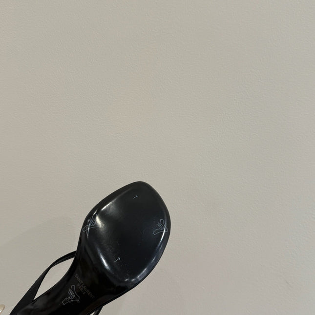 YSL HEELED THONG SANDALS 25S IN BLACK SATIN WITH CRYSTAL