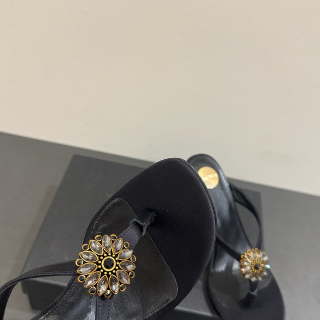 YSL HEELED THONG SANDALS 25S IN BLACK SATIN WITH CRYSTAL