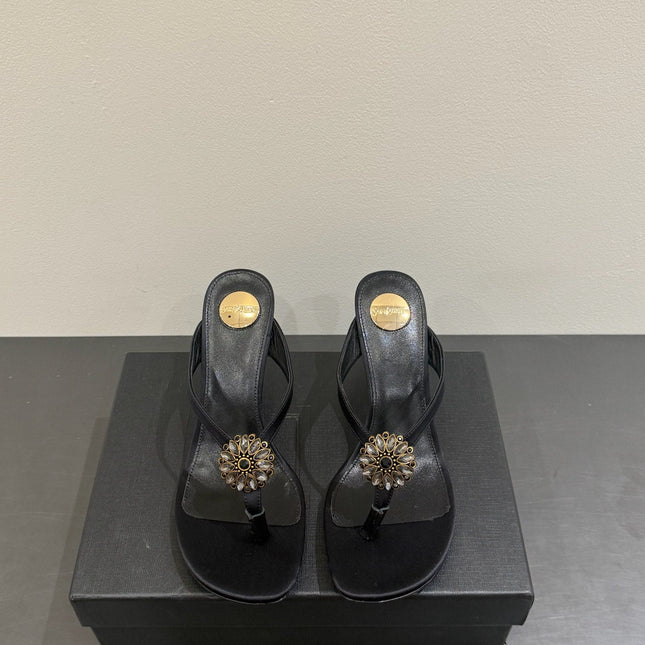 YSL HEELED THONG SANDALS 25S IN BLACK SATIN WITH CRYSTAL