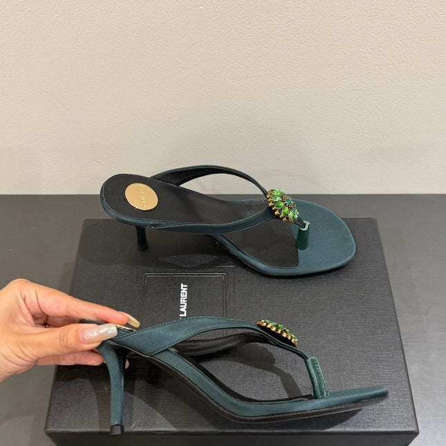 YSL HEELED THONG SANDALS 25S IN DARK ARMY GREEN SATIN WITH CRYSTAL