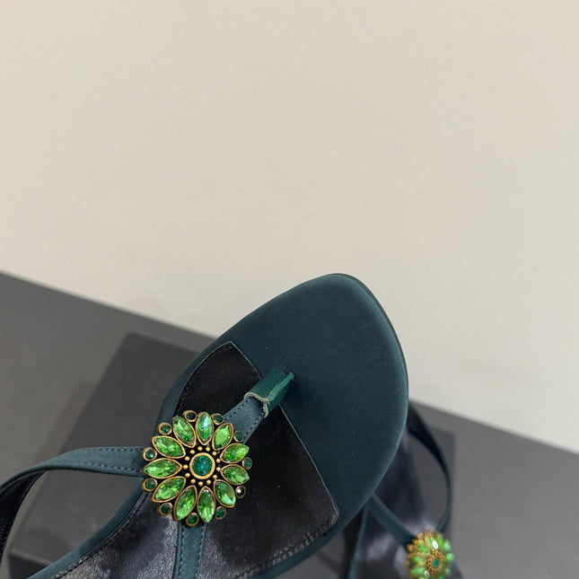 YSL HEELED THONG SANDALS 25S IN DARK ARMY GREEN SATIN WITH CRYSTAL