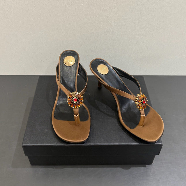 YSL HEELED THONG SANDALS 25S IN BROWN SATIN WITH CRYSTAL