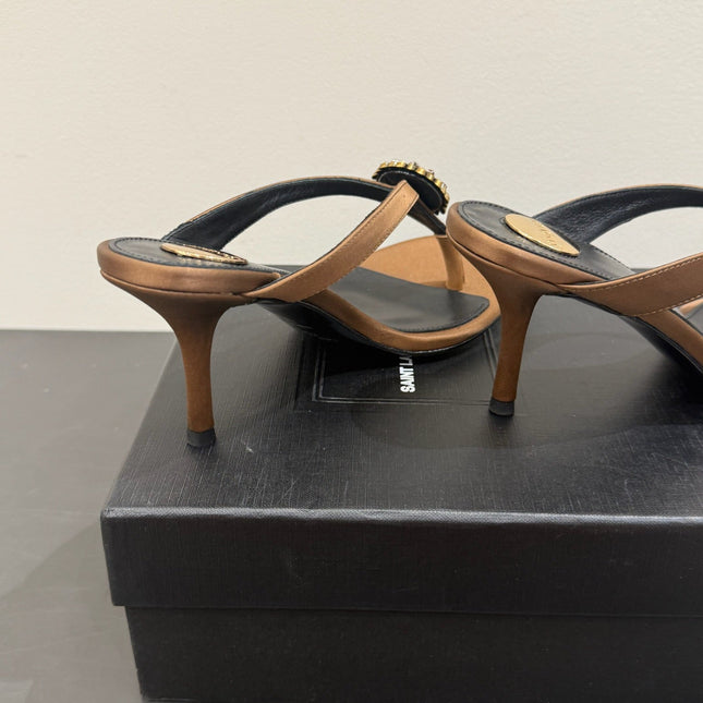 YSL HEELED THONG SANDALS 25S IN BROWN SATIN WITH CRYSTAL