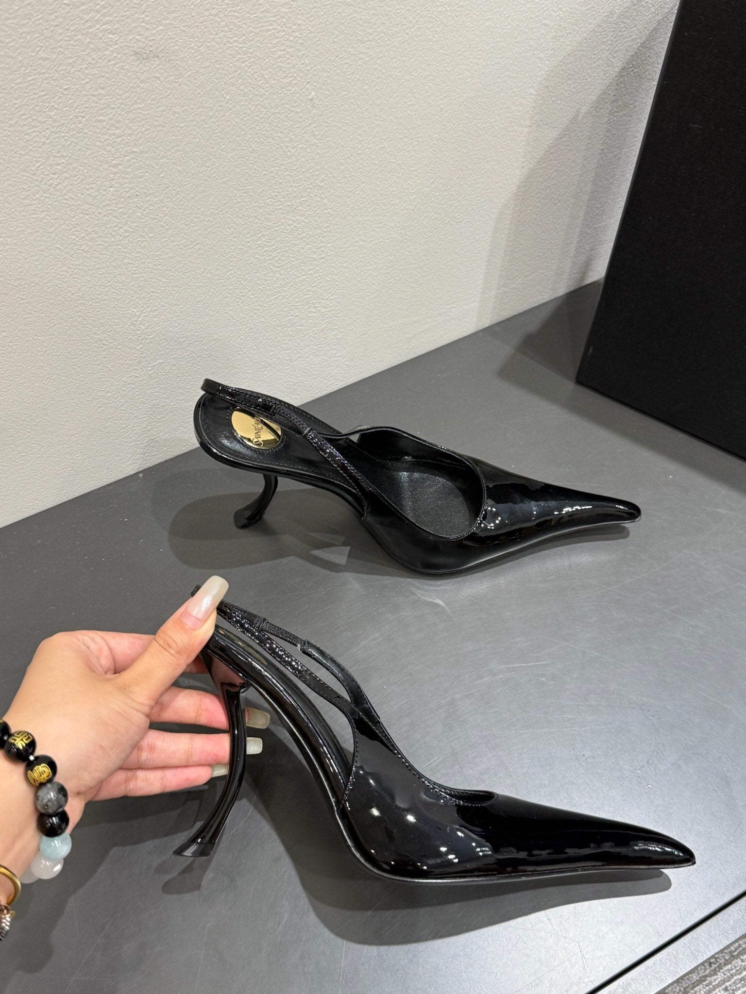 YSL HIGH SLINGBACK 25S IN BLACK GLOSSY LAMBSKIN