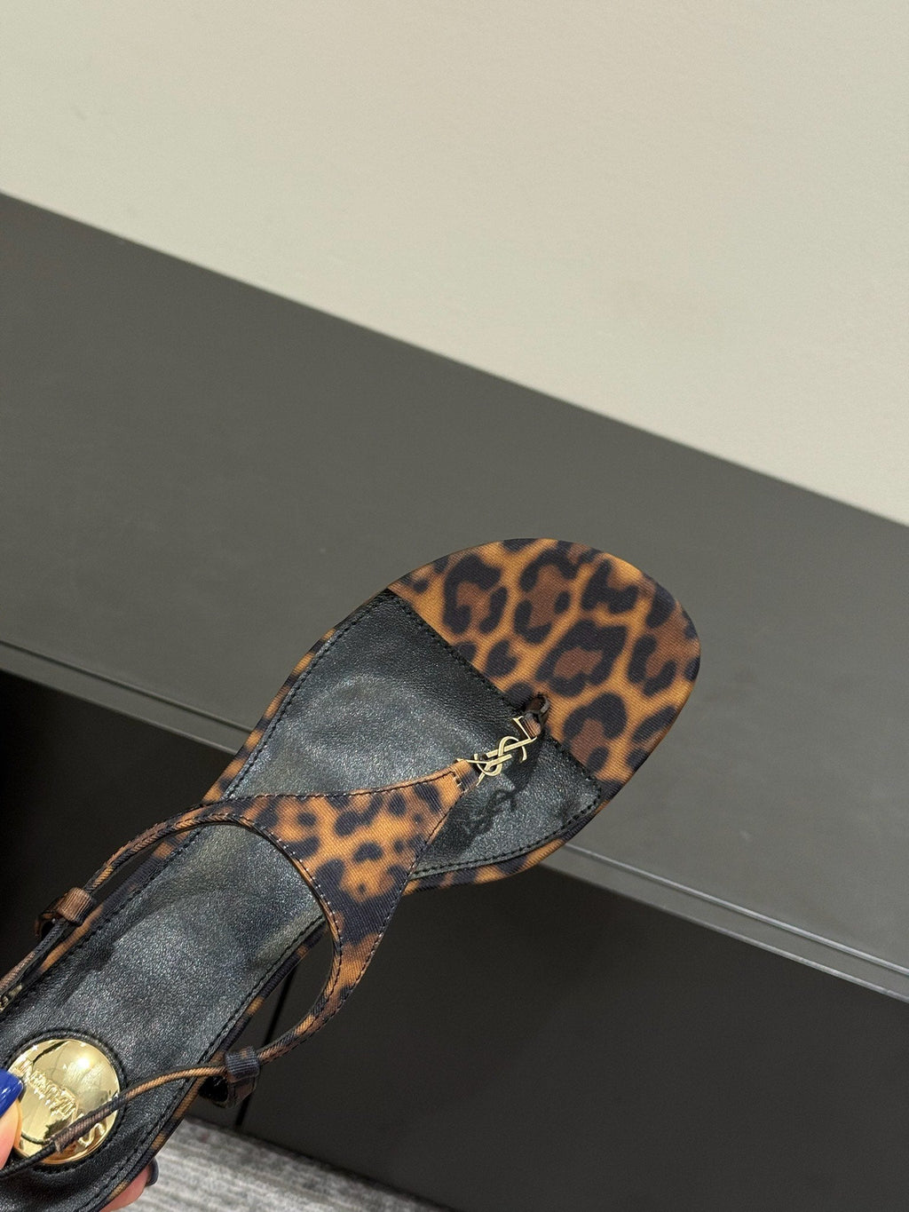 YSL WEDGE THONG SANDALS 25S IN LEOPARD LAMBSKIN WITH GOLD HARDWARE