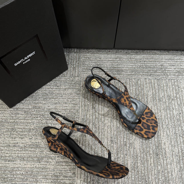 YSL WEDGE THONG SANDALS 25S IN LEOPARD LAMBSKIN WITH GOLD HARDWARE