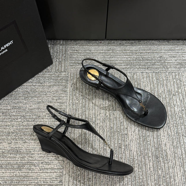 YSL WEDGE THONG SANDALS 25S IN BLACK LAMBSKIN WITH GOLD HARDWARE