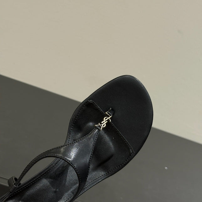 YSL WEDGE THONG SANDALS 25S IN BLACK LAMBSKIN WITH GOLD HARDWARE