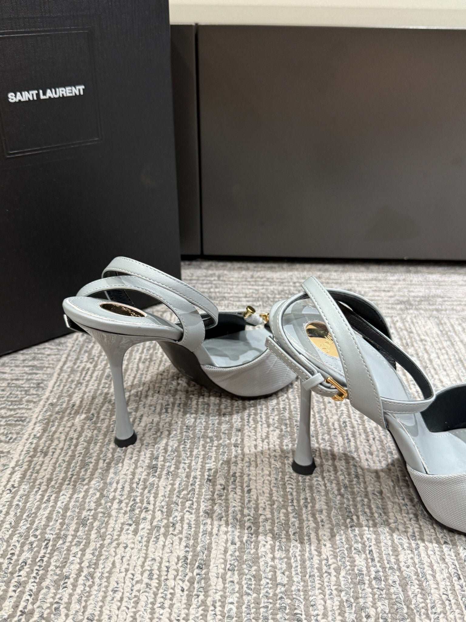 YSL HEELED SANDALS 25S 100 MM IN LIGHT SLATE BLUE LAMBSKIN