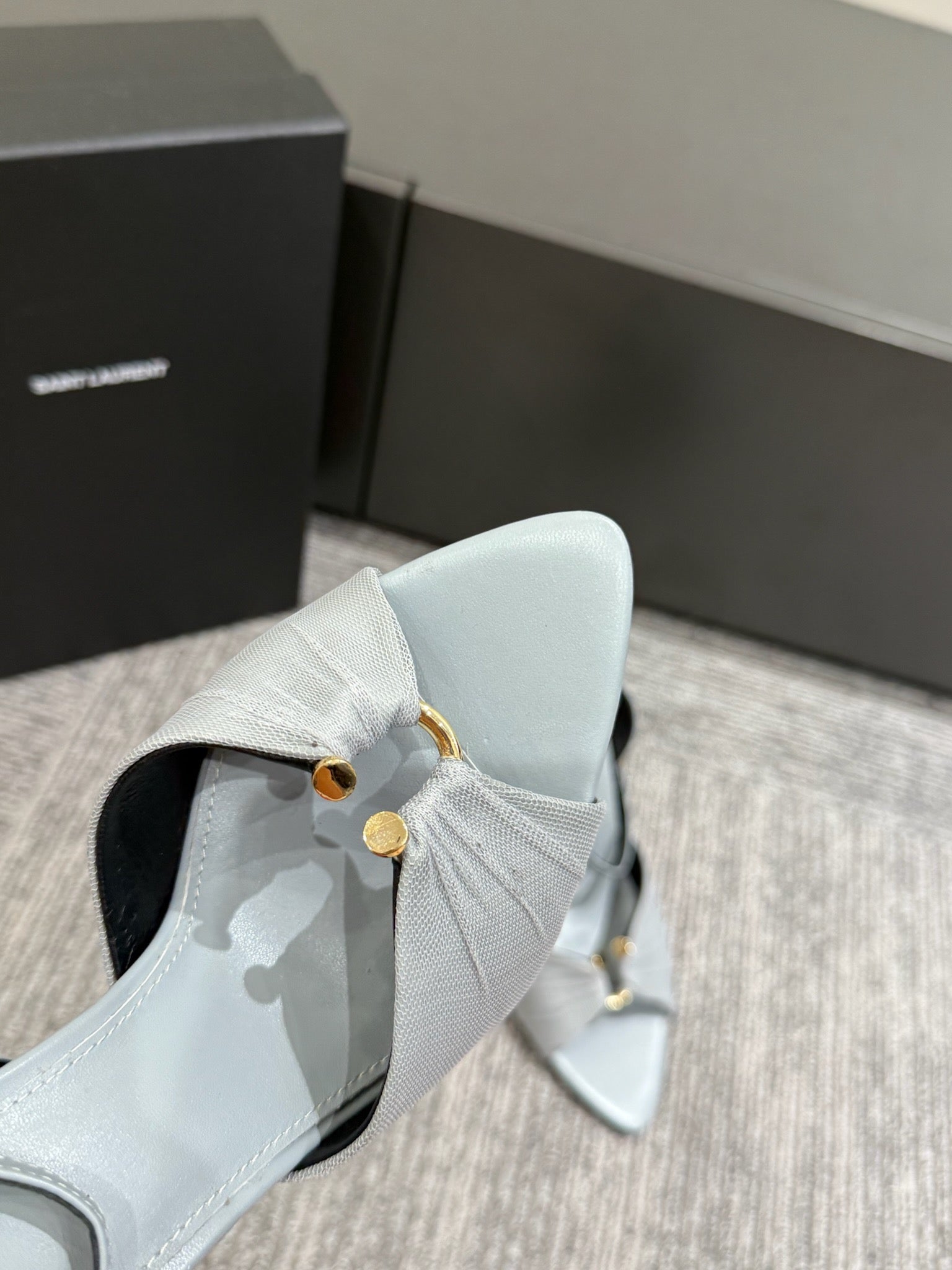 YSL HEELED SANDALS 25S 100 MM IN LIGHT SLATE BLUE LAMBSKIN