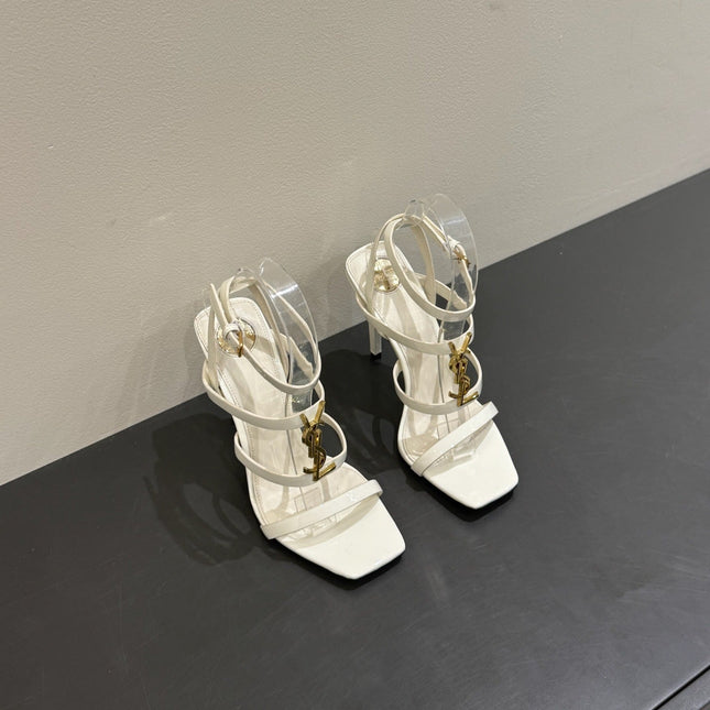 YSL SINGLE-STRAP HEELED SANDALS 25S IN WHITE LAMBSKIN
