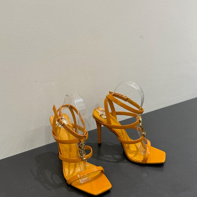 YSL SINGLE-STRAP HEELED SANDALS 25S IN DARK ORANGE LAMBSKIN
