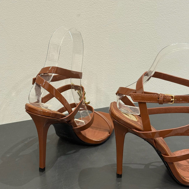 YSL SINGLE-STRAP HEELED SANDALS 25S IN BROWN LAMBSKIN