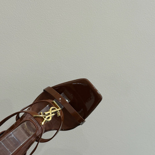 YSL SINGLE-STRAP HEELED SANDALS 25S IN BROWN LAMBSKIN