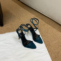 YSL HIGH HEEL SANDALS 25S IN DEEP SEA BLUE SATIN AND LAMBSKIN