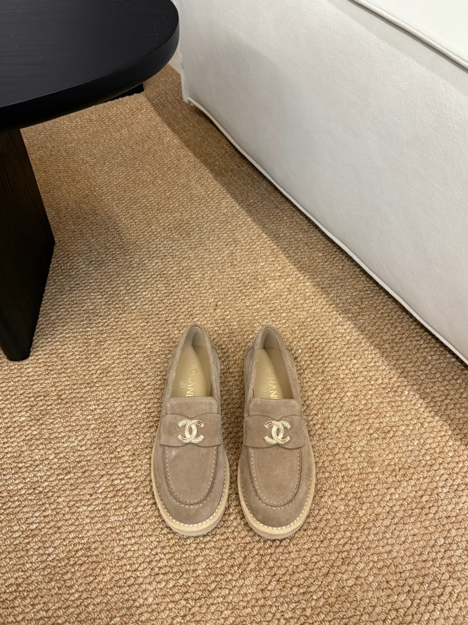 CHANEL 26S LOAFER IN TAUPE BROWN SUEDE CC LOGO