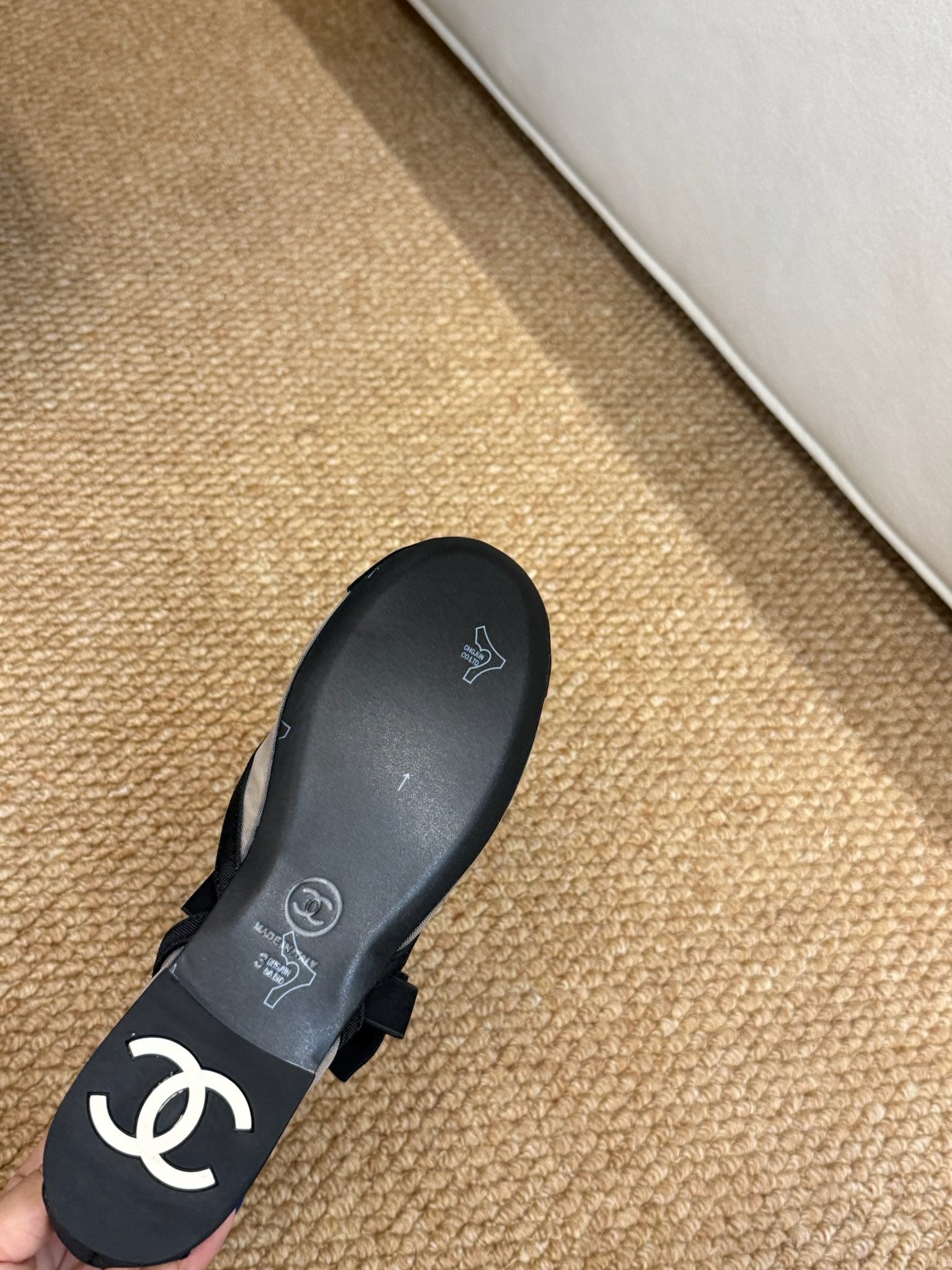 CHANEL 26S MARY JANE FLATS IN BLACK AND GREY MESH RIBBON STRAP CAP TOE
