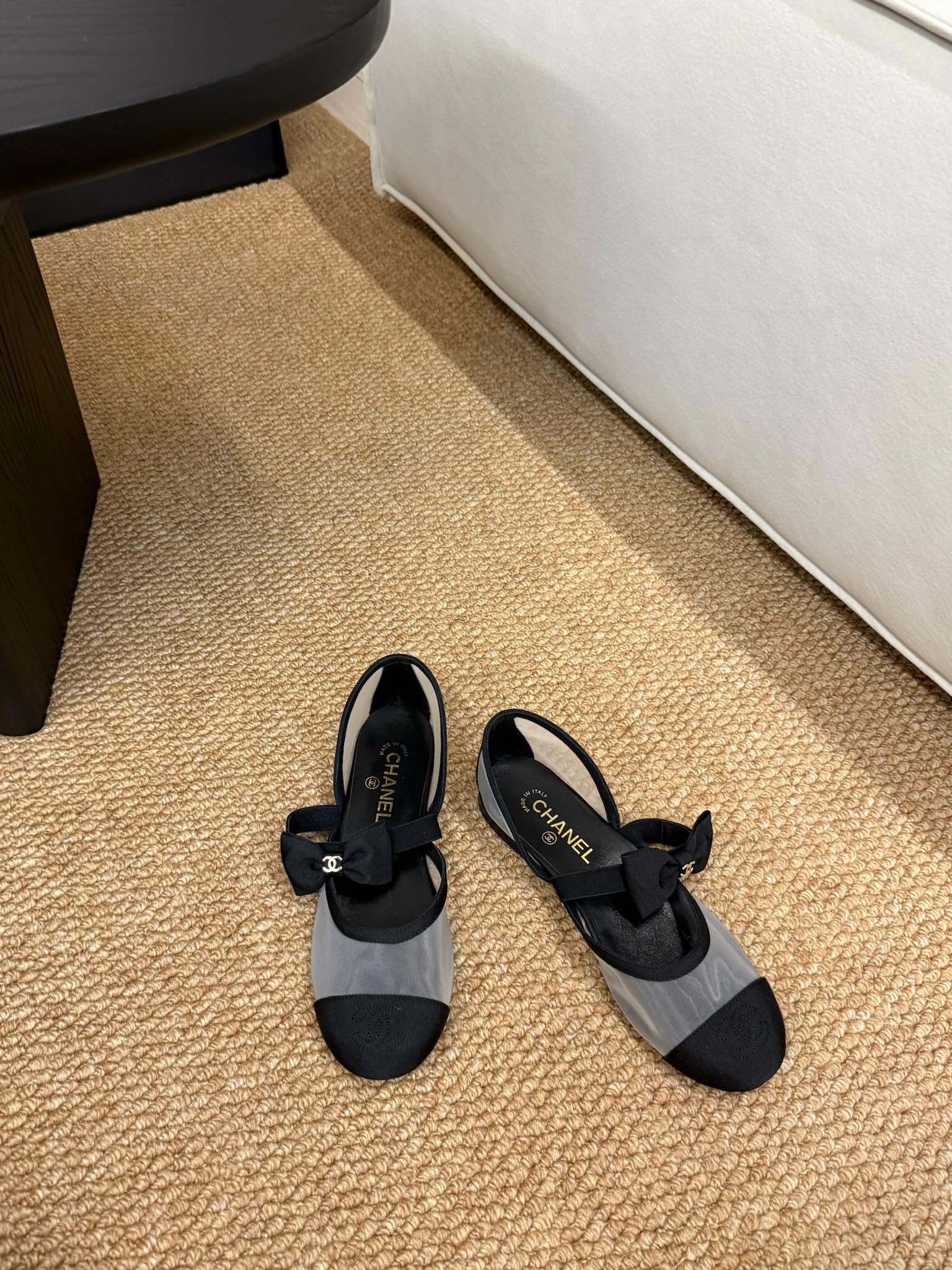 CHANEL 26S MARY JANE FLATS IN BLACK AND GREY MESH RIBBON STRAP CAP TOE