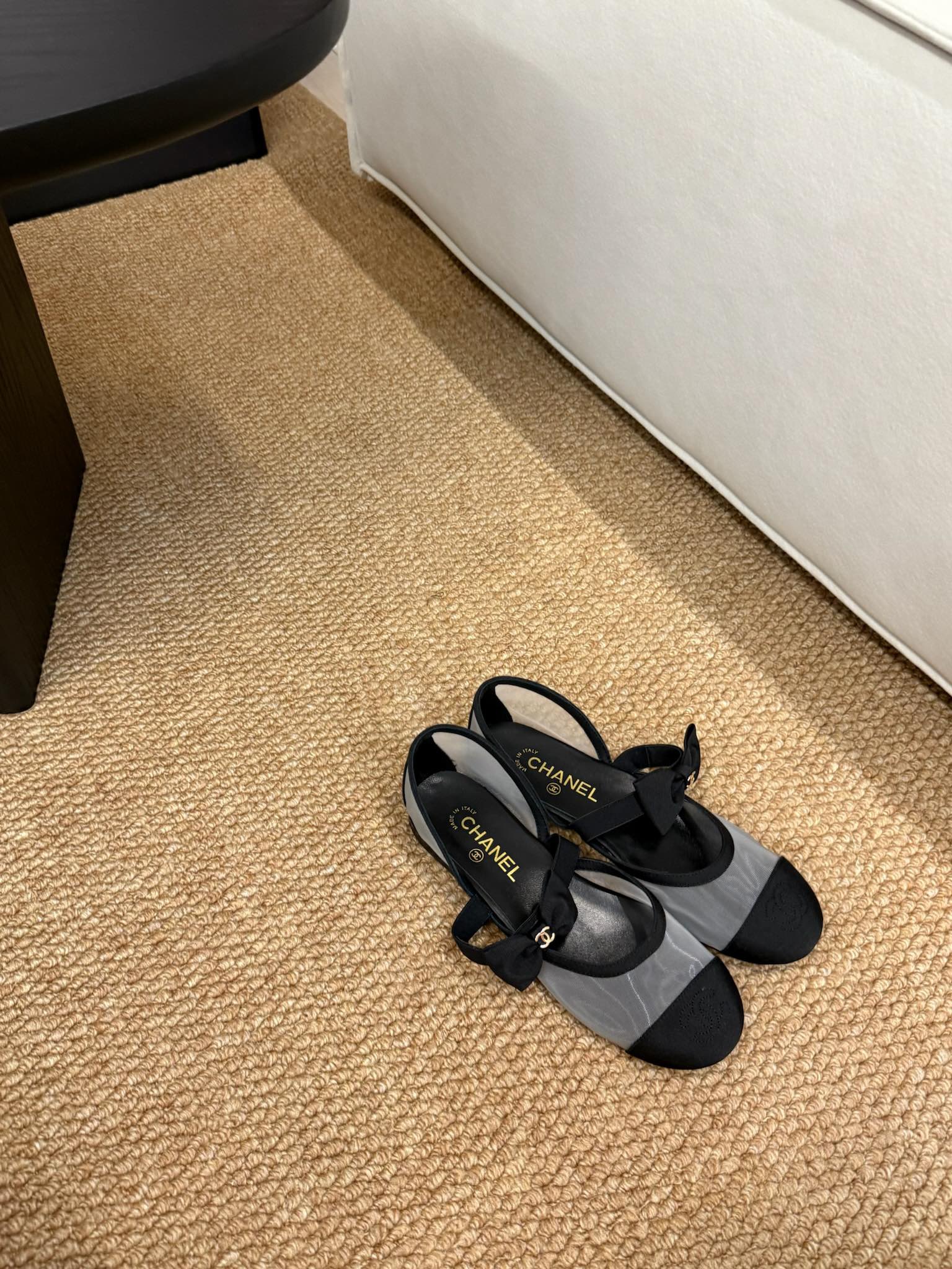 CHANEL 26S MARY JANE FLATS IN BLACK AND GREY MESH RIBBON STRAP CAP TOE