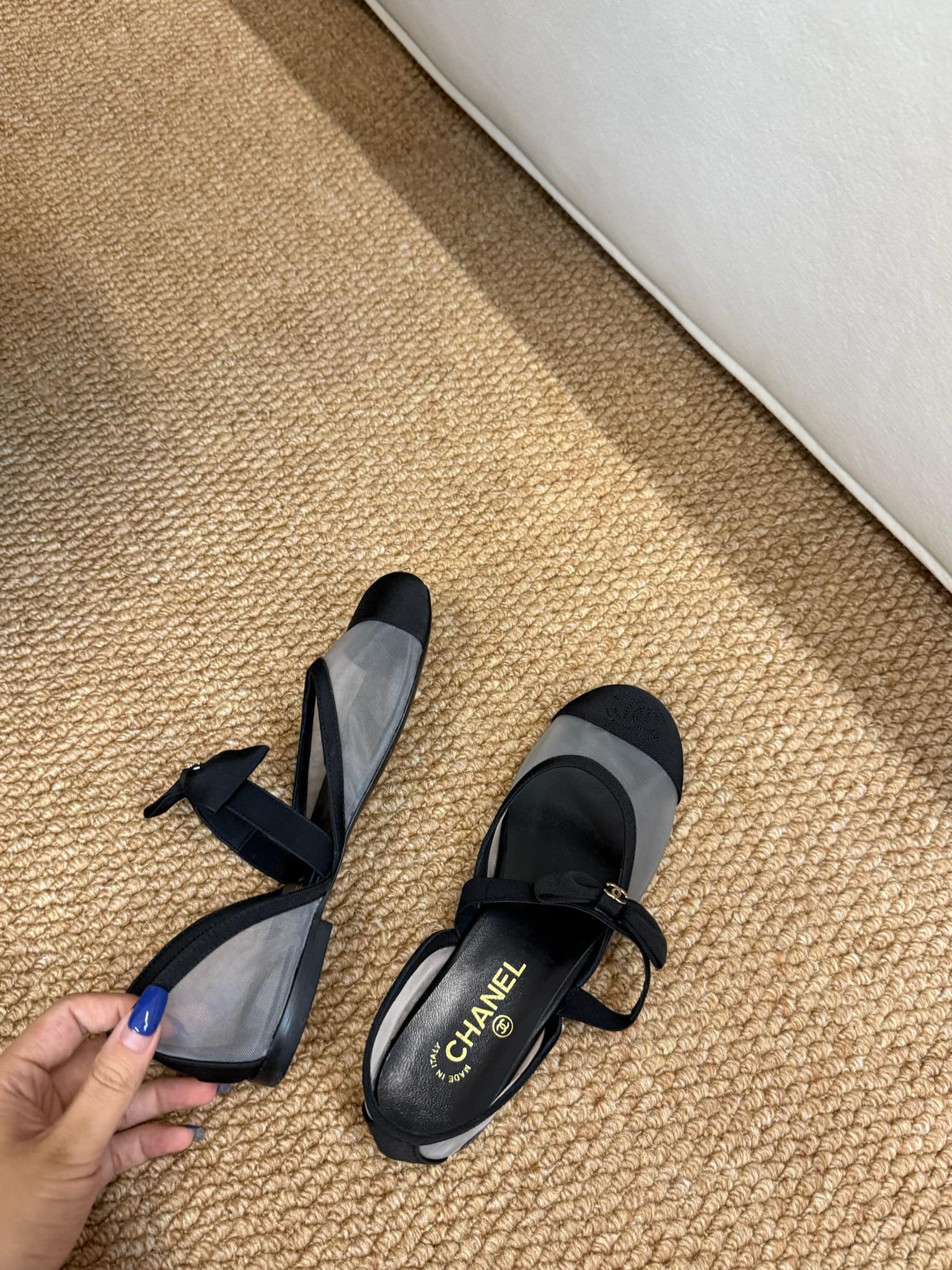 CHANEL 26S MARY JANE FLATS IN BLACK AND GREY MESH RIBBON STRAP CAP TOE
