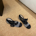 CHANEL 26S MARY JANE FLATS IN BLACK AND GREY MESH RIBBON STRAP CAP TOE