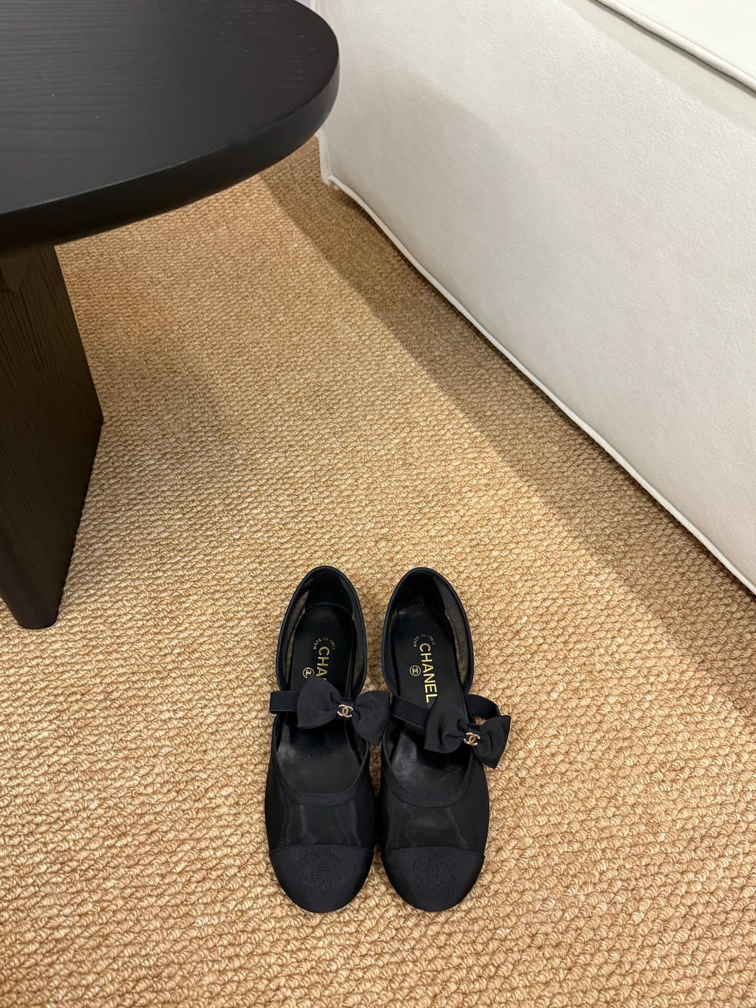 CHANEL 26S MARY JANE FLATS IN BLACK MESH RIBBON STRAP CAP TOE