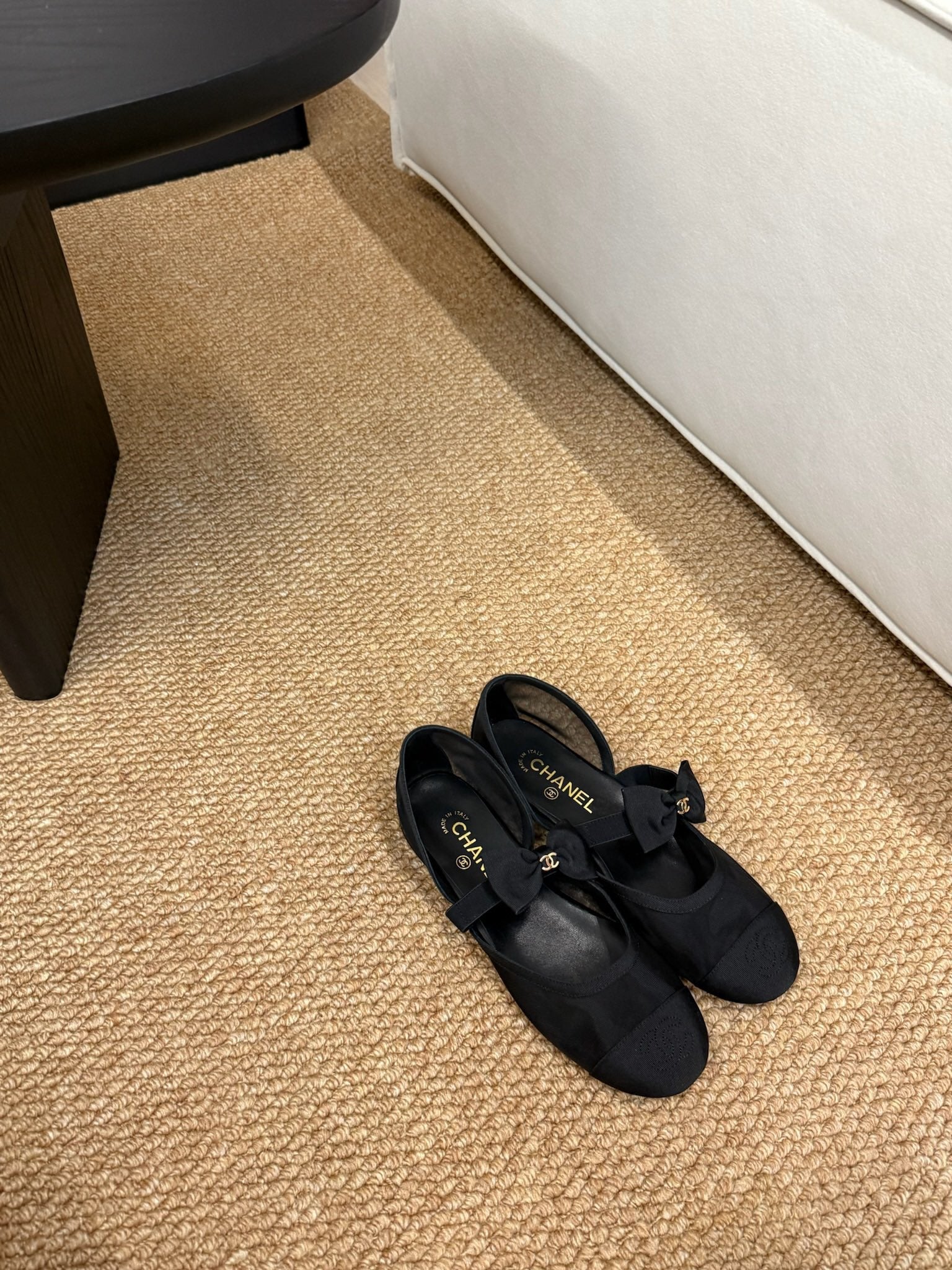 CHANEL 26S MARY JANE FLATS IN BLACK MESH RIBBON STRAP CAP TOE