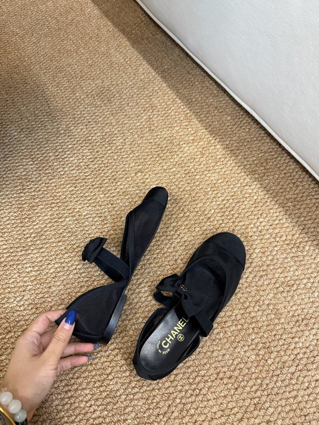 CHANEL 26S MARY JANE FLATS IN BLACK MESH RIBBON STRAP CAP TOE