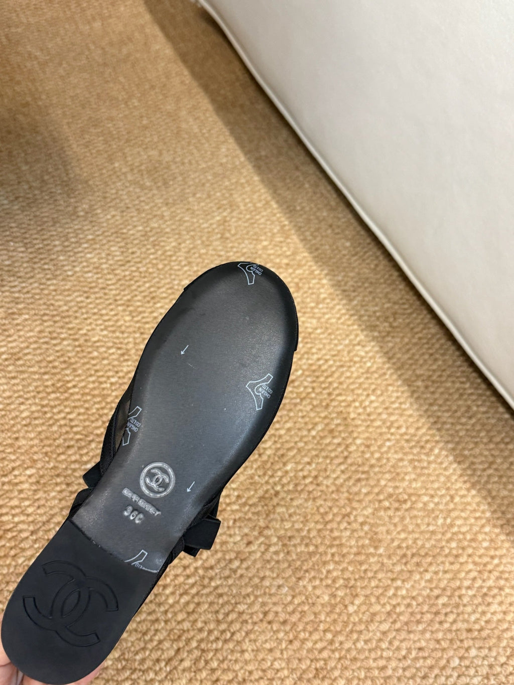 CHANEL 26S MARY JANE FLATS IN BLACK MESH RIBBON STRAP CAP TOE