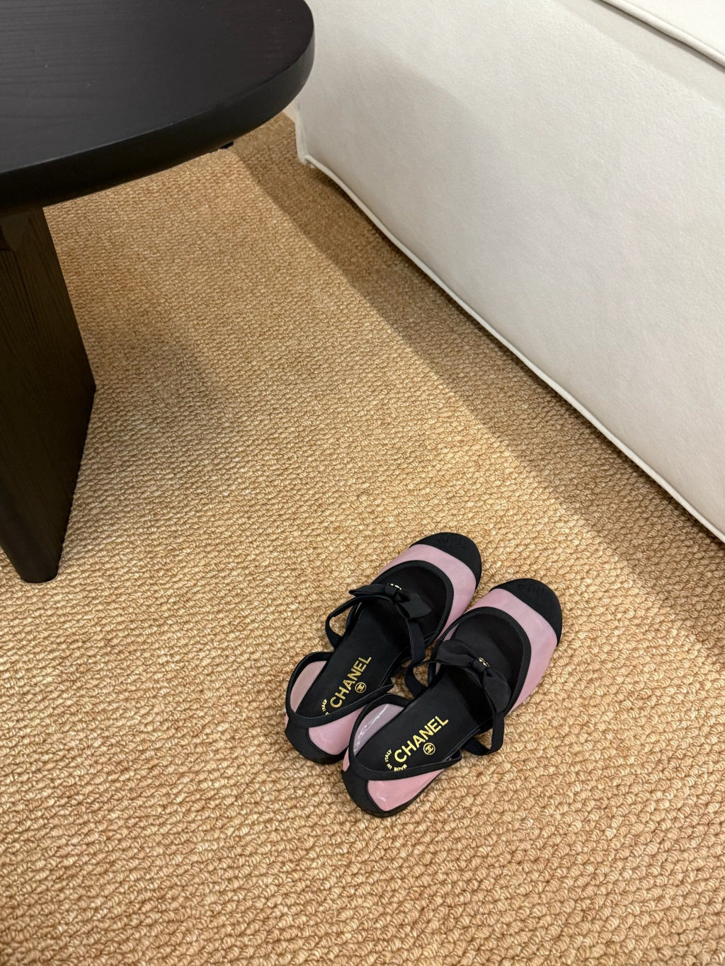 CHANEL 26S MARY JANE FLATS IN PINK AND BLACK MESH RIBBON STRAP CAP TOE