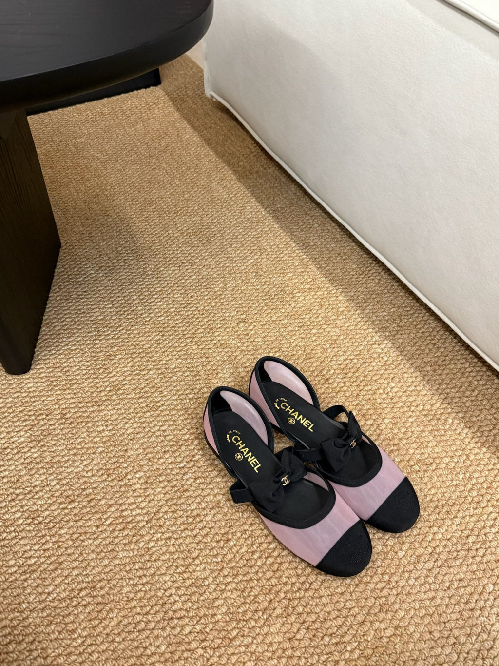 CHANEL 26S MARY JANE FLATS IN PINK AND BLACK MESH RIBBON STRAP CAP TOE