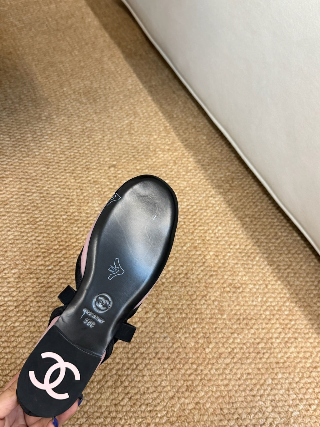 CHANEL 26S MARY JANE FLATS IN PINK AND BLACK MESH RIBBON STRAP CAP TOE