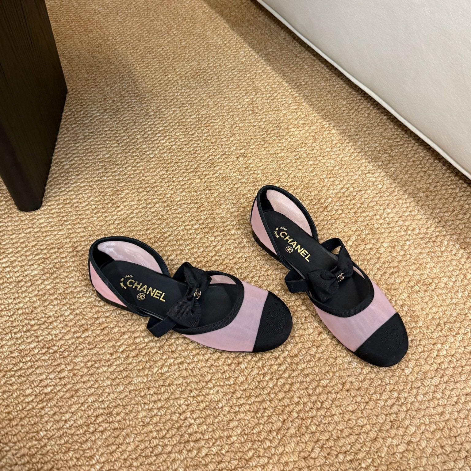 CHANEL 26S MARY JANE FLATS IN PINK AND BLACK MESH RIBBON STRAP CAP TOE