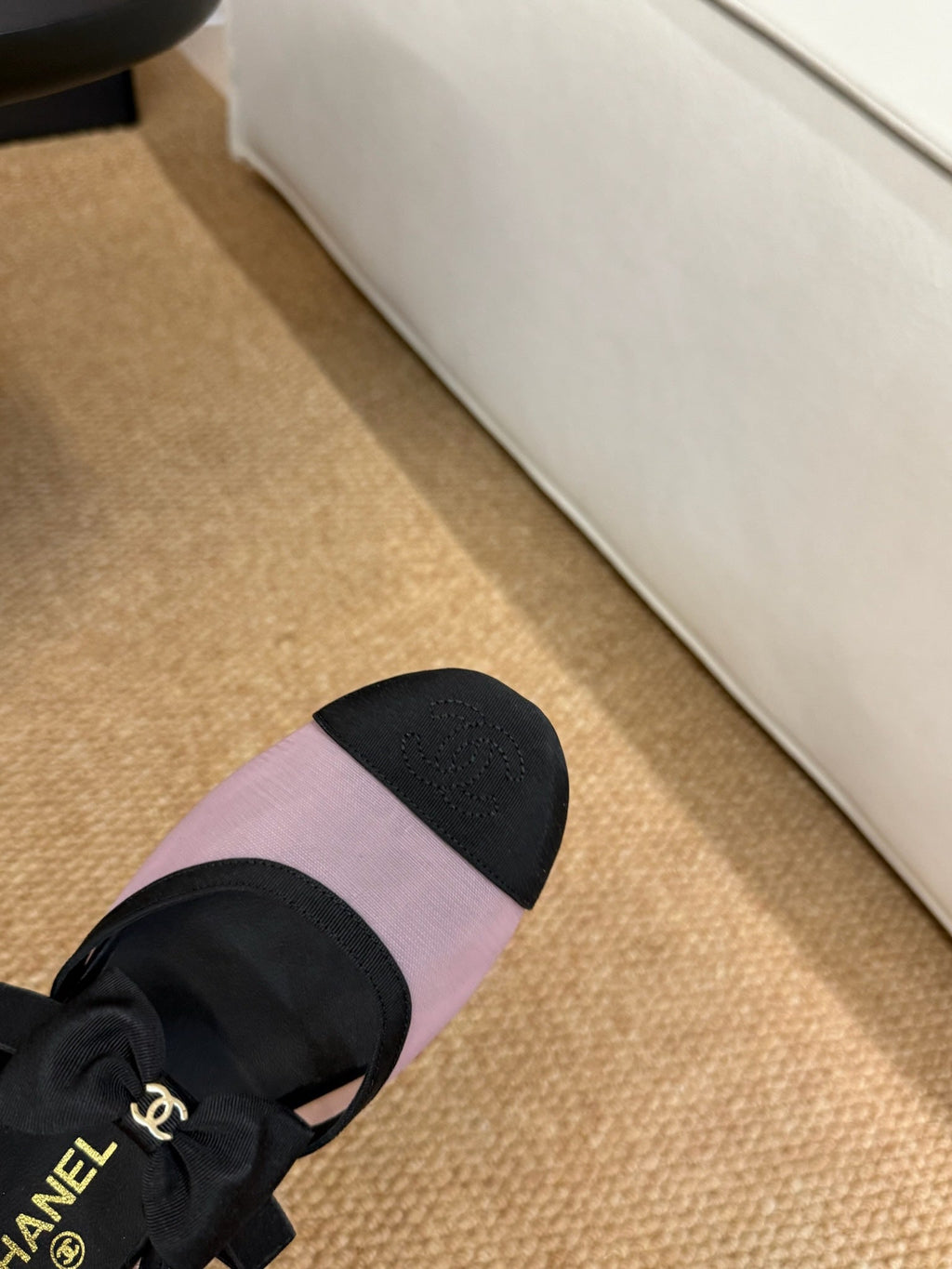 CHANEL 26S MARY JANE FLATS IN PINK AND BLACK MESH RIBBON STRAP CAP TOE
