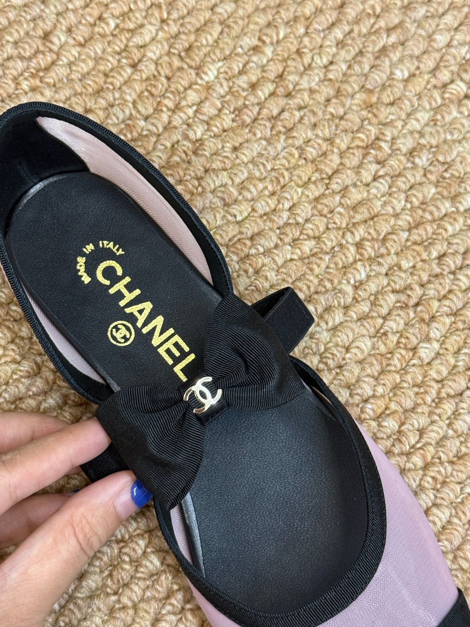CHANEL 26S MARY JANE FLATS IN PINK AND BLACK MESH RIBBON STRAP CAP TOE