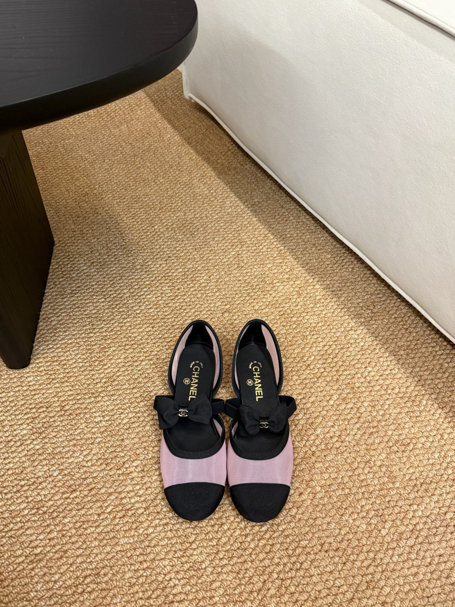 CHANEL 26S MARY JANE FLATS IN PINK AND BLACK MESH RIBBON STRAP CAP TOE