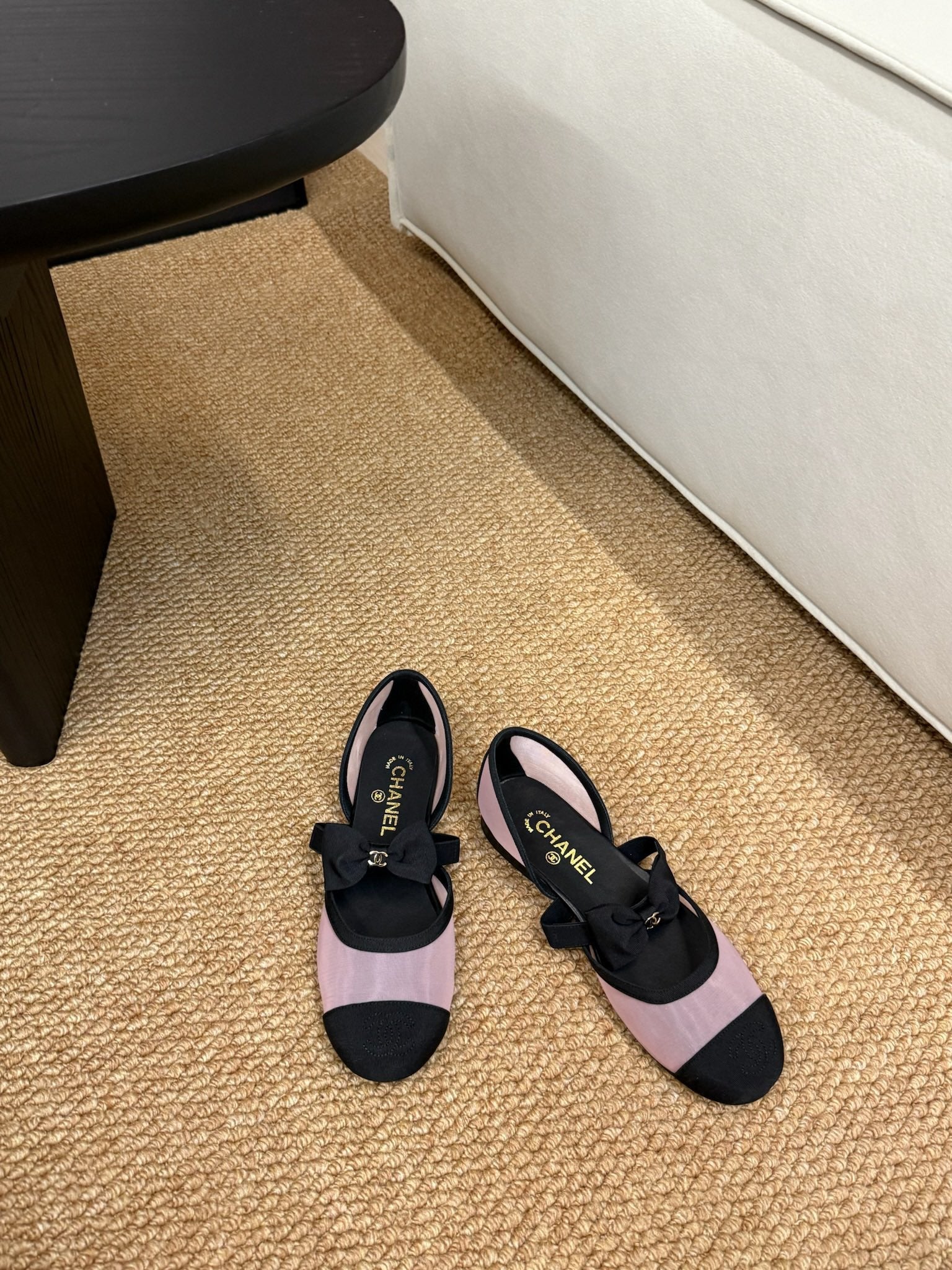 CHANEL 26S MARY JANE FLATS IN PINK AND BLACK MESH RIBBON STRAP CAP TOE