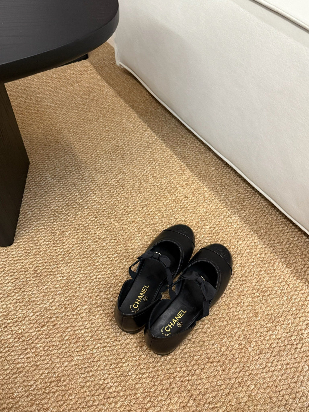 CHANEL 26S MARY JANE SLINGBACK FLATS IN BLACK CALFSKIN CAP TOE RIBBON STRAP