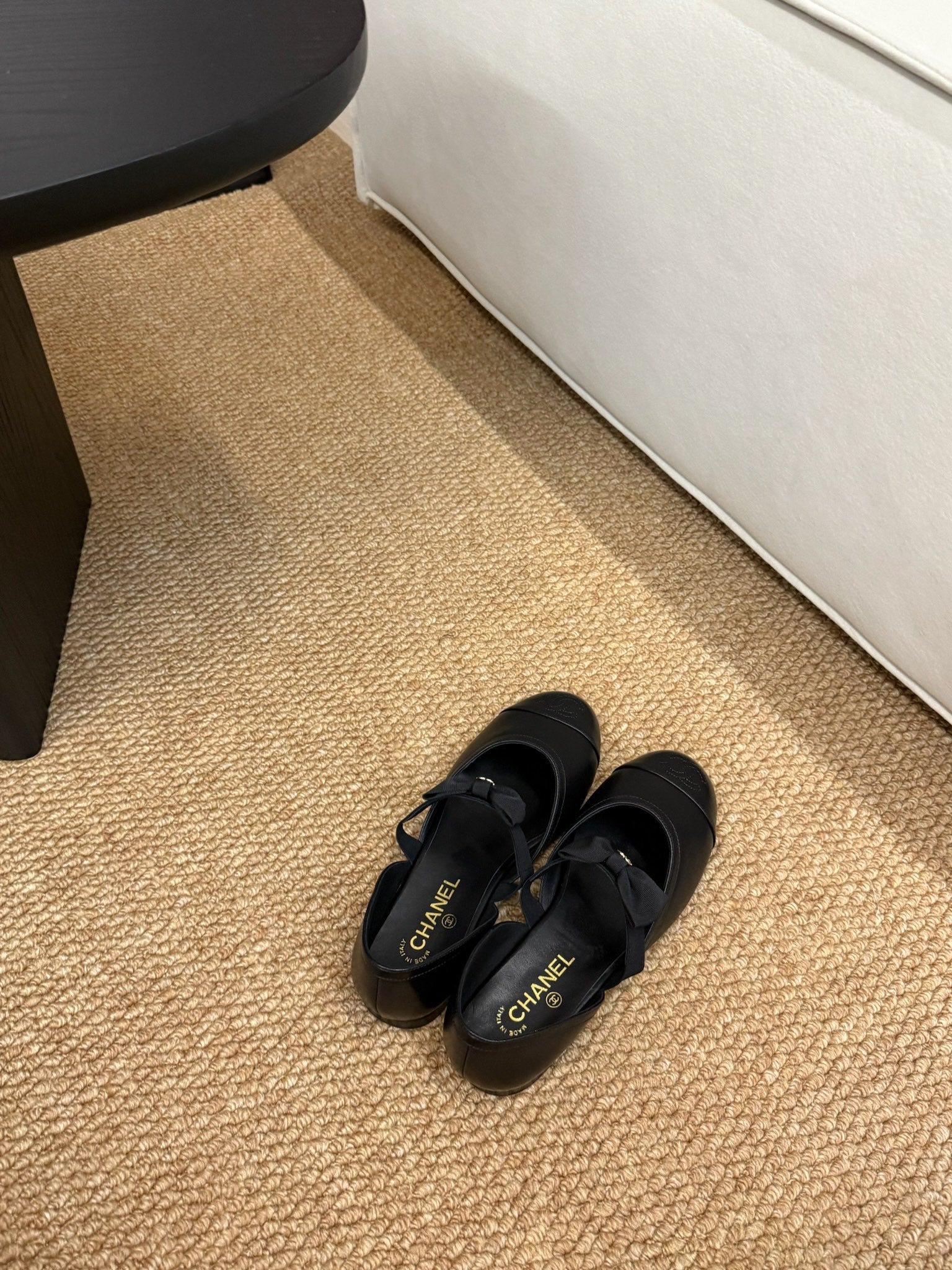 CHANEL 26S MARY JANE SLINGBACK FLATS IN BLACK CALFSKIN CAP TOE RIBBON STRAP