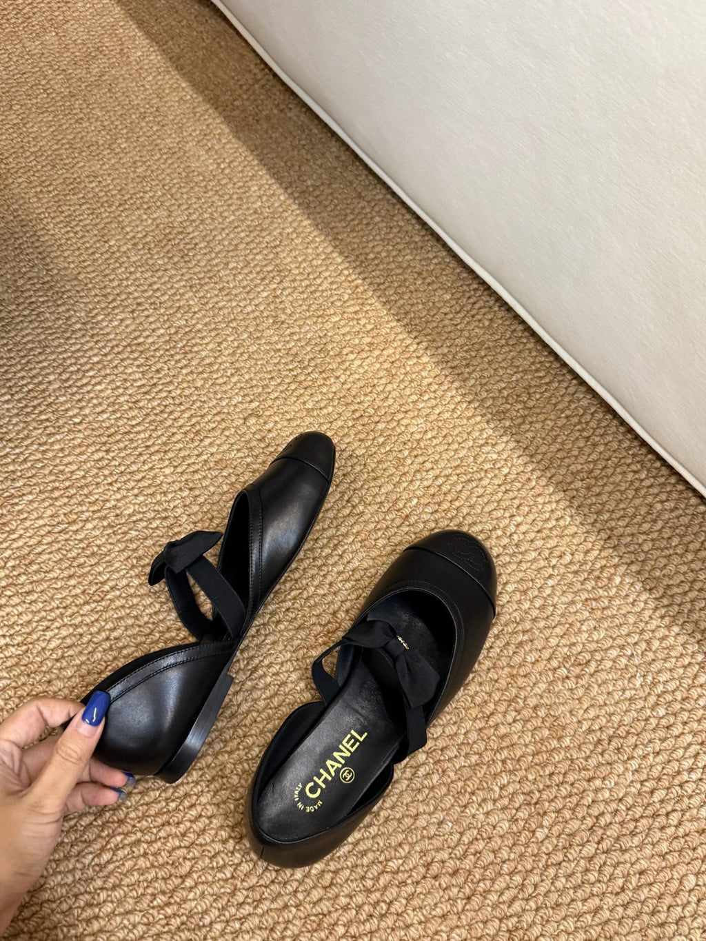 CHANEL 26S MARY JANE SLINGBACK FLATS IN BLACK CALFSKIN CAP TOE RIBBON STRAP